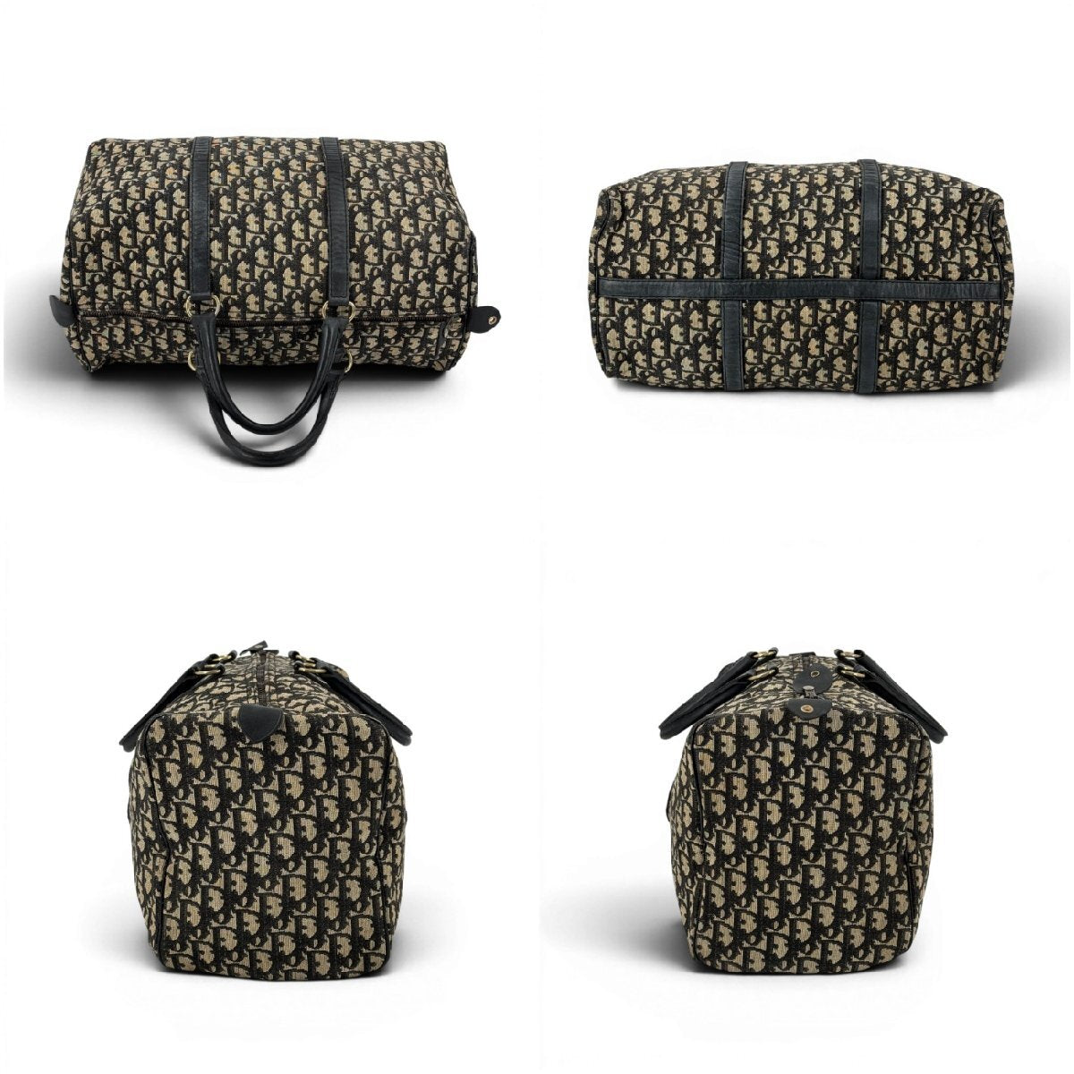 Dior Trotter Boston 40 sett forfra i beige og marineblå Trotter-canvas med skinnhåndtak