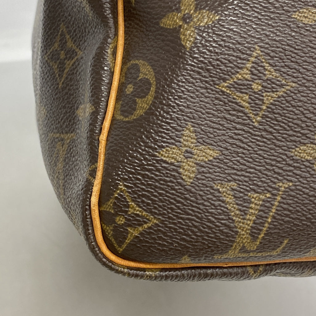 Louis Vuitton Speedy 30 nærbilde av navnelappen i skinn med krakeleringslinjer