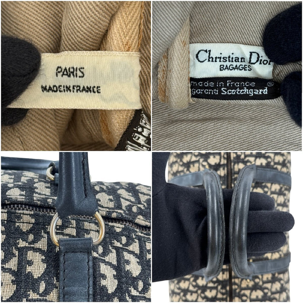 Dior Trotter Boston 40 nærbilde av håndtaksfestene og stroppeholderne i marineblått skinn