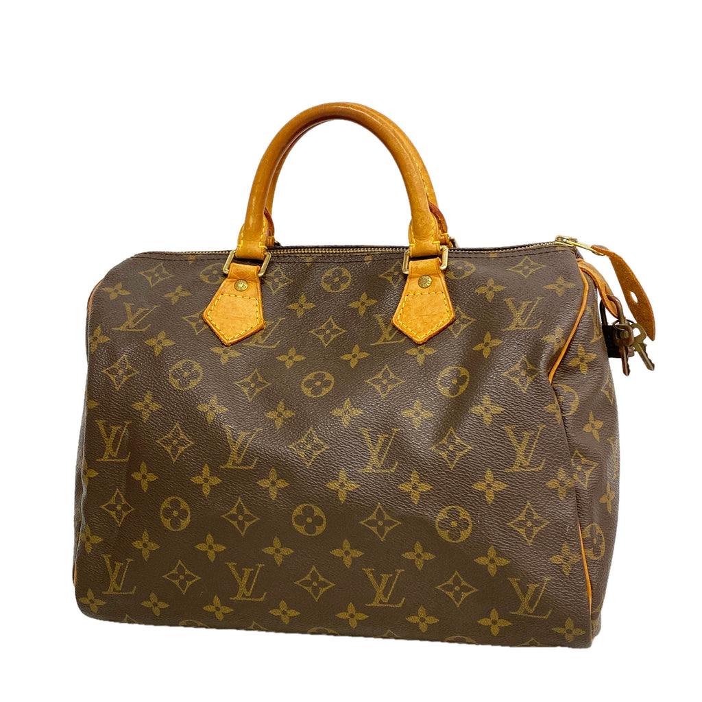Louis Vuitton Speedy 30 sett forfra i Monogram canvas med skinnhåndtak og hengelås